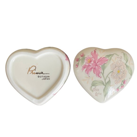 Vintage Prima Otagiri Japan Porcelain Heart Shaped Lidded Trinket Box Floral - Picture 9 of 11